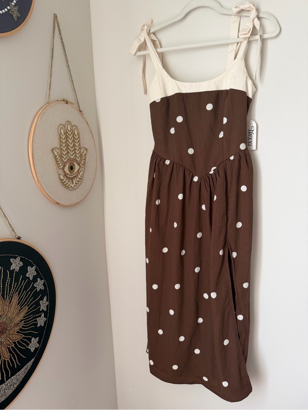 Brown Cream Polka Dot tie strap Midi Dress